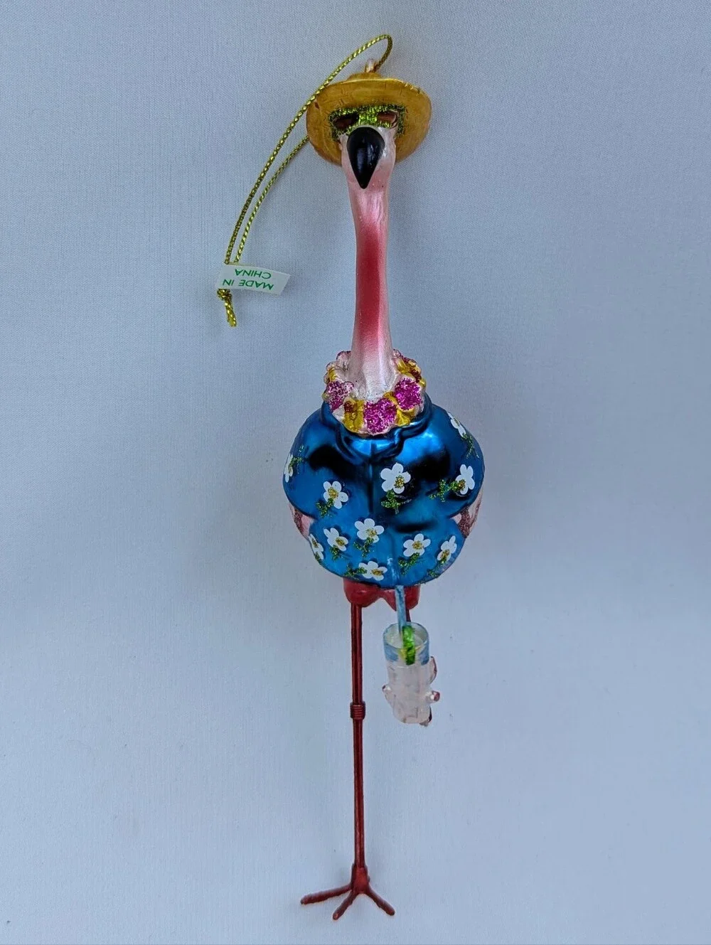 Flamingo Bird Drink Ornament Christmas Holiday Blown Glass